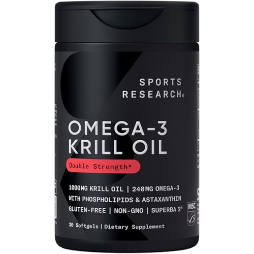 Image of Sports Research Krill Oil Supplement with EPA & DHA Omega 3, Phospholipids & Astaxanthin from Antarctic Krill - Highest Concentration of Krill Oil for Men & Women - 1000mg, 30 Softgel Capsules