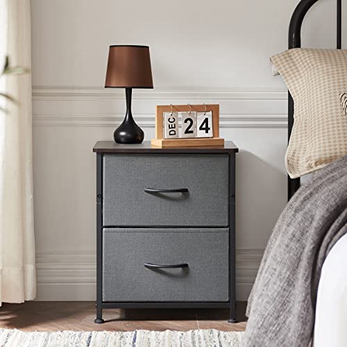 Somdot Nightstand With 2 Drawers, Bedside Table Small Dresser With Removable Fabric Bins For Bedroom Nursery Closet Living Room - Sturdy Steel Frame, Wood Top, Pull Handle - Charcoal Grey/Dark Walnut #TOP1