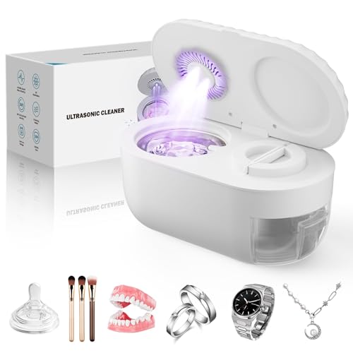 Upgraded [Draining & Drying] Ultrasonic Jewelry Cleaner - 45kHz Ultrasonic Retainer Cleaner Machine for Denture, Rings, Jewelry, Braces - 200ml Capacity - 304 Stainless Steel Tank(White)