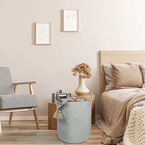 Image of XUANGUO Cotton Rope Laundry Basket Hamper for Clothes Large Light Grey | Baby Nursery Hamper Bin and Woven Storage Basket for Living Room Bedroom Boho Tall Rope Baskets Blankets Toys Pillows Towels