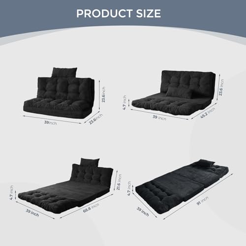 Image of MAXYOYO Folding Sofa Bed, Tufted Bean Bag Bed with Pillows Floor Couch for Adults, Extra Thick and Long Floor Sofa, Twin Couch for Bedroom Living Room, Black, 39x91 Inch