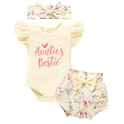 Image of ZOELNIC Baby Girl Clothes Infant Summer Outfits Set Ruffle Short Sleeve Top+Flower Print Shorts+Bow Hairband 3 Pcs Set