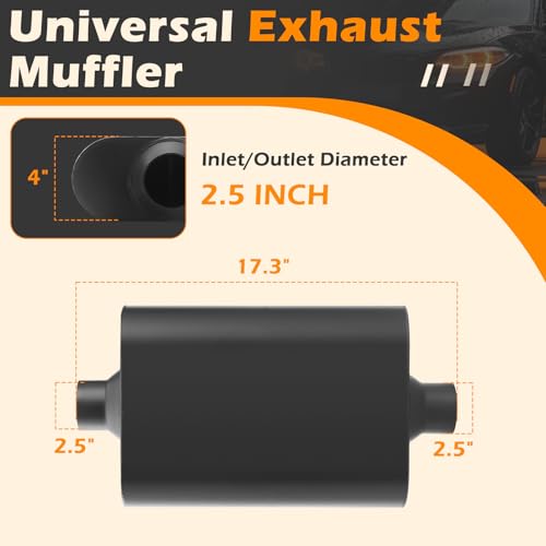 Image of A-KARCK Universal Exhaust Muffler 2.5 inch Center Inlet 2.5 inch Center Outlet, 17.3 inch Overall Length Aluminized Steel Aggressive Sound Race Muffler for Cars, Trucks (Black)
