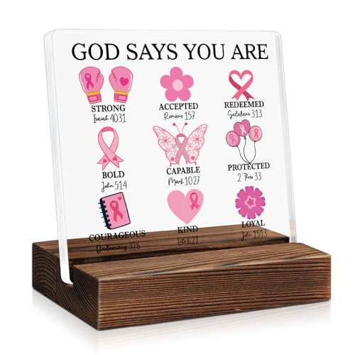 Mhfpl God Says You Are Strong Pink Ribbon Encouragement Acrylic Plaque with Wooden Stand, Breast Cancer Prevention Awareness Gifts, Treatment Cheer Up Gifts for Women, Breast Cancer Survivor Gifts
