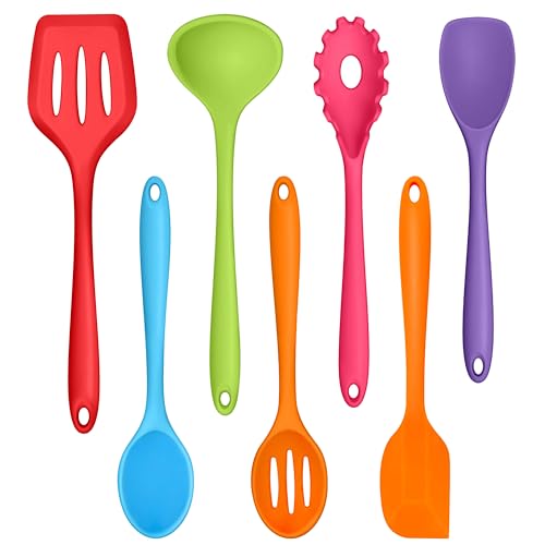 TeamFar Silicone Kitchen Utensils, 7-Piece Kitchen Cooking Utensil Set with Turner Spoon Spatula Ladle, Perfect for Baking Cooking Mixing, Heat-Resistant & Non-Toxic, Dishwasher Safe & Multi Colored