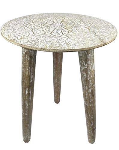 Saharashop – Mesa de Madera India nº 5, Mesa Auxiliar de Madera Maciza Oriental, 38 cm, Mesa Tradicional de Madera Maciza Natural/Blanco para su salón