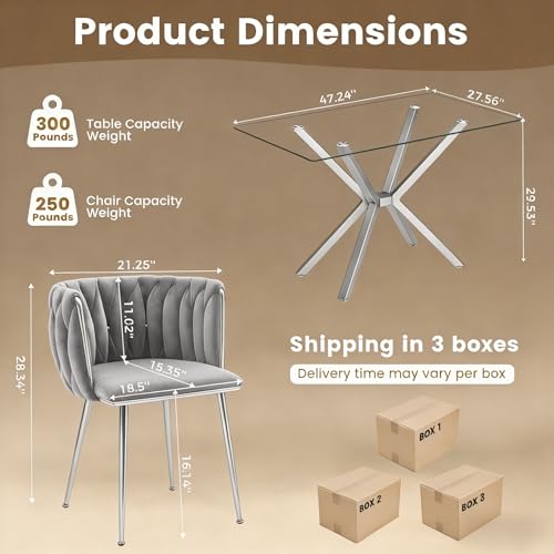 Image of Silver Glass Dining Table Set for 4 with 47.2 inch Rectangular Tempered Glass, 5 Pieces Kitchen Table Set with 4 Comfortable Velvet Chairs for Living Room, Apartments Small Place, Cafe (Grey Chairs)