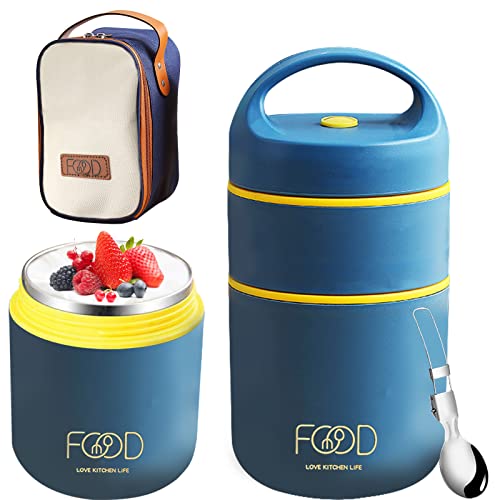 RUIJIE Termo para Comida 680 ml Taza Aislada para Ensaladas Pasta Yogur Fiambrera Térmica Recipiente para Comida Caliente con una Cuchara Plegable Bolsa Bento