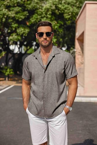 Image of COOFANDY Men's Linen Shirts Short Sleeve Casual Shirts Button Down Shirt for Men Beach Summer Wedding Shirt