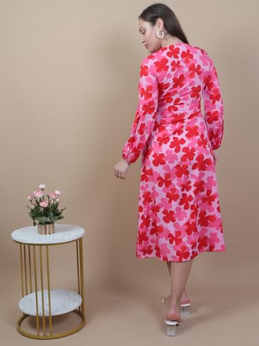 Image of Miga's Women 100% Poly Crepe, V-Neck, Printed and Puff Sleeve, Red, Fit & Flare Midi Dress