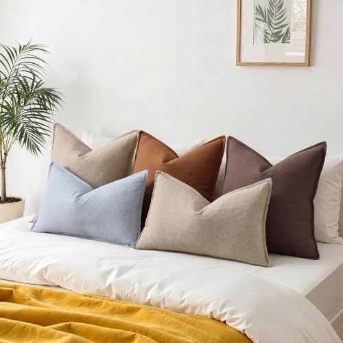 Image of decorUhome Decorative Linen Throw Pillow Covers 20x20 Inch Set of 2 Linen Brown Neutral Pillow Covers with Flange Edges Soft Farmhouse Boho Accent Pillow Cases for Couch Bed Living Room