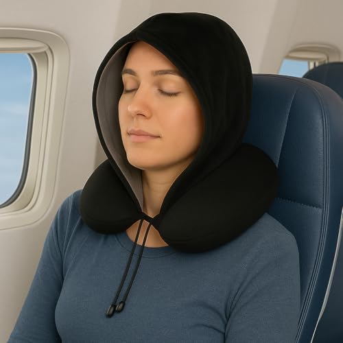 Image of Goodyear Travel Pillow with Hood - Neck Support for Comfortable Travel, Hooded Neck Pillow for Flights and Road Trips, Navy