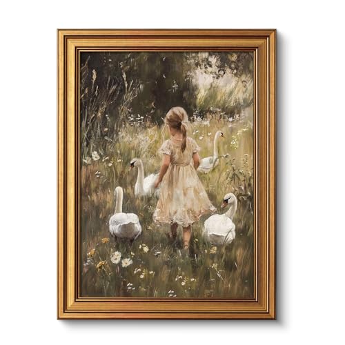 Image of VIYYIEA Vintage Gold Framed Wall Art for Living Room, Gooses Girl Canvas Prints Home Decor, Oil Painting Picture, Bedroom Wall Decor Gifts for Friends or Family -【Graceful Companions】-(16L x 12W)