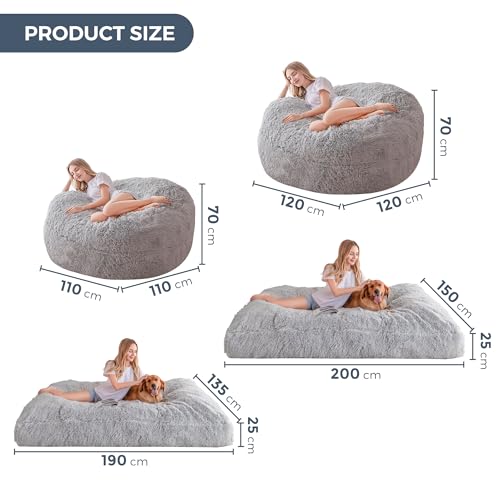 MAXYOYO Riesiges Sitzsackbett – umwandelbar vom Sitzsack zum Bett – großes Sofa mit Plüschbezug und Flauschiger Füllung im Lieferumfang enthalten, für Erwachsene, Paare, Gäste (Grau,135x190 cm)