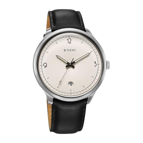 Titan Timeless Treasures Quartz Analog with Date White Dial Black Leather Strap Watch for Men - 10023SL05