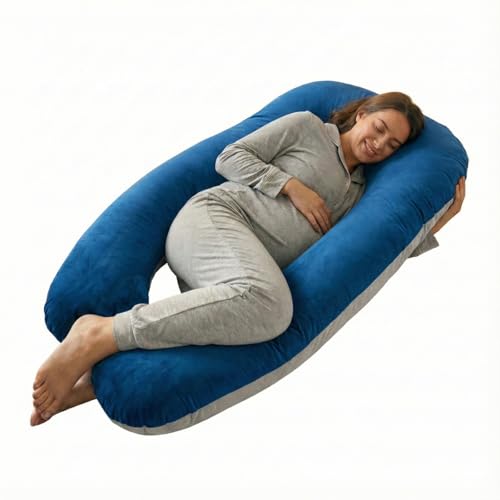 Image of Amazon Basics Velvet Full Body Pregnancy Pillow for Maternity, Baby Nursing, Full Body Support|U-Shaped-Washable Cover with Zip-Blue & Grey