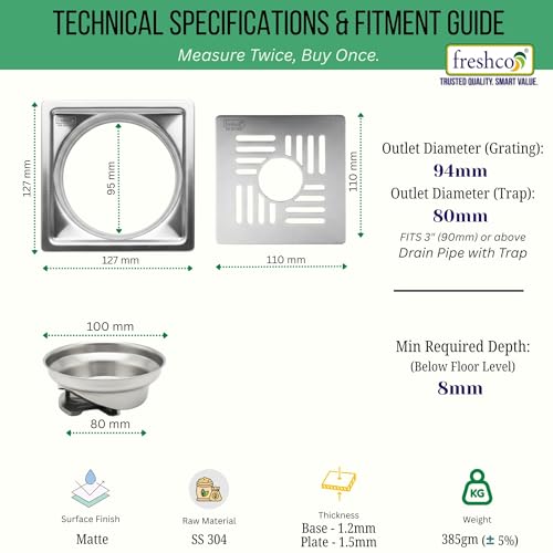Image of Freshco 5x5 SS 304 Floor Drain Jali - Capsule Design (with Hole) - for Washing Machine Pipe - Includes Anti-Odor Cockroach Trap - Heavy Duty 1.5mm Thick Grating - Fits 110mm Pipe