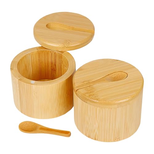 Salero con Tapa - Caja para Sal y Pimienta con Cucharas Incluidas - Juego de 2 Botes con Tapas Giratorias Magnéticas y Cuchara para Especias de Cocina