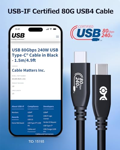 Image of Cable Matters [USB-IF Certified] 80Gbps USB4 Cable, 4.9ft, Black | [8K@120Hz / 4K@480Hz Video, 240W Charging, 80Gbps Data] USB 4 Cable, Compatible with Thunderbolt 5, MacBook, XPS, Surface Pro