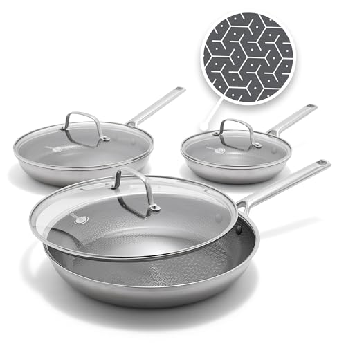 Image of GreenPan Hybrid 6-Piece Frying Pan Set (8, 10, 12-inch Skillets with Glass Lids), Ceramic Nonstick with Tri-Ply Stainless Steel, Induction & All Cooktop Compatible, Dishwasher & Oven Safe, Silver
