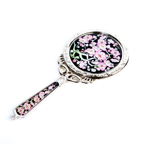 Antique Alive Mother of Pearl Princess Pink Plum Flower Design Round Stainless Steel Cosmetic Makeup Hand Mirror