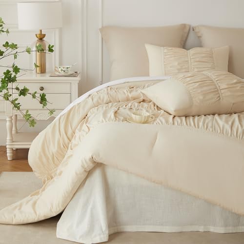 Image of Ruched Ruffle Comforter Set Queen - 3 Piece Wheat Checkered Bedding Set - Aesthetic Cottagecore Ruffled Farmhouse Comforter with 2 Pillow Shams - Soft, Lightweight All Season Bedding (90 inchx90 inch)