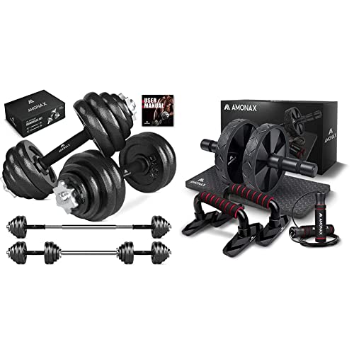 Amonax haltere musculation 20 kg (10KG paire), alteres barre poids musculation reglable homme femme(20kg) & kit musculation homme fitness material (roue abdominale, poignée pompe, corde sauter) Cover