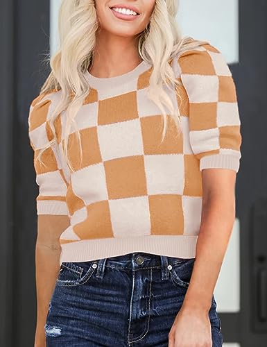Image of Womens Puff Short Sleeve Sweater Tops Crewneck Basic Knit Pullover Lightweight Casual Sweaters