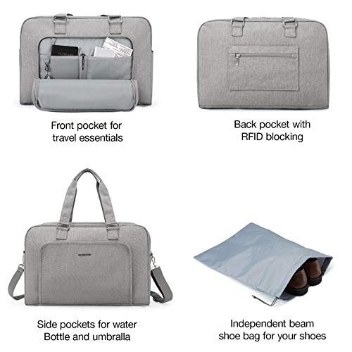 BAGSMART Duffle Bag Large Weekender Overnight Bag with Shoe Bag, can Hold 15.6 inch Laptop, Carry-on Bag for Travel, Gym, Work, 27L (Light Grey)