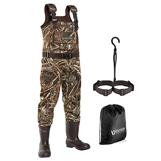 OXYVAN Waders Neoprene Chest Waders with Boots Realtree MAX5 Camo Hunting Waders for Men Cleated Bootfoot Waders for Duck Hunting Fly Fishing Flooding 100% Waterproof Carrying Bag and Boots Hanger