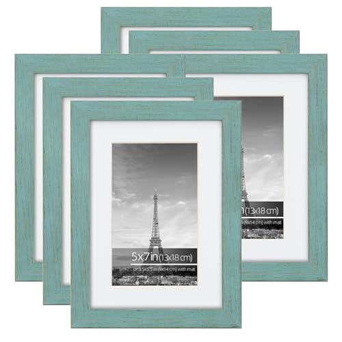 DUCIHBA 5x7 Farmhouse Gallery Picture Frame Collage Set, Rustic Teal Blue Textured Wood Grain Profile, Real Glass Matted for 3.5x5.5 Photo, 6 Pack