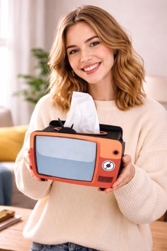 Image of TV Orange Wooden Tissue Box - Retro Tissue Holder for Home, Office & Car | Creative Wooden Napkin Dispenser | Decorative Tissue Case for Living Room & Bedroom (Retro TV Tissue Holder 2)