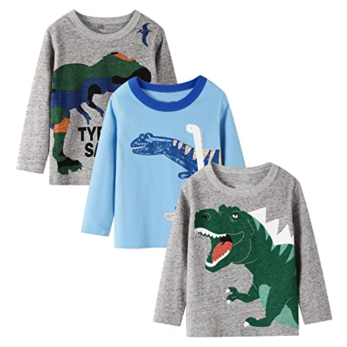 NATUST Lot de 3 Tee-Shirts Garçon T-Shirts à Manches Longues Enfant Dinosaure Coton Tops 3-4 Ans Modèle 1 Cover