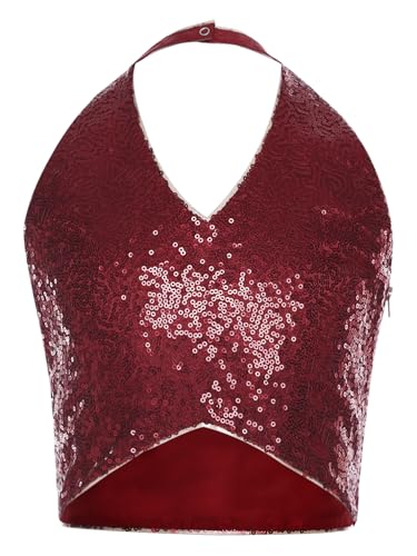 renvena Girls Sequin Halter Crop Top Sparkly Sleeveless Backless Latin Jazz Modern Dance Cami Tank Tops