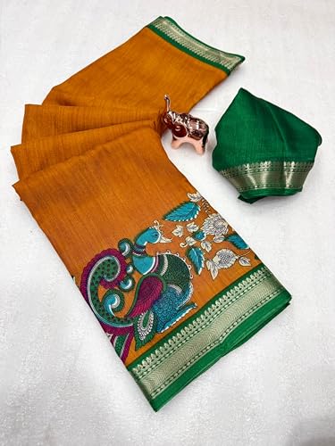 Image of Kalamkari Floral Prints Dola Silk Saree With Rich Zari Border Designer Pallu Attach Blouse Piece