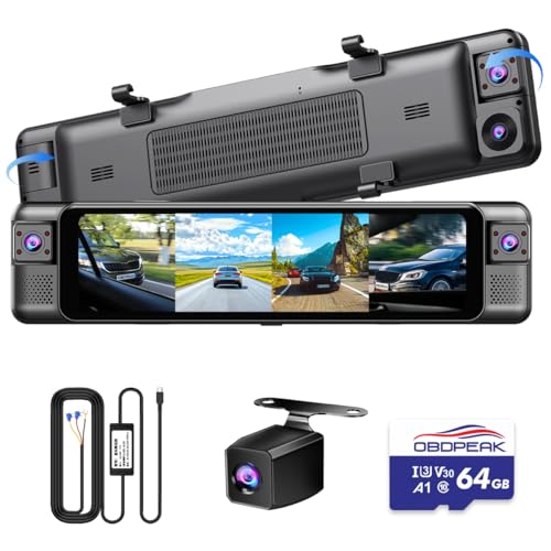 D80 4-Channel 4K Rear View Mirror Camera with ADAS and BSD,11” Touchscreen, Front and Rear and Left and Right Camera for Car，Super Night Vision, 24H Parking Monitoring Hardware kit,Free 64GB Card