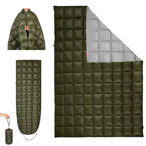 ROSE FEATHER Down Camping Blanket, Lightweight Outdoor Travel Blanket, Puffy Sleeping Bag Blanket, Waterproof Packable Backpacking Quilt for Camping,Travel, Airplane,Hiking,Picnic, 55''x79'' (Olive)