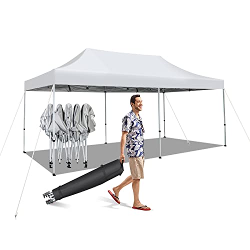 Tangkula 10x20 Ft Pop Up Canopy, UPF 50+ Easy Setup Instant Canopy Tent with 1-Push Center Lock, Wheeled Bag, 8 Stakes, 4 Ropes, Outdoor Commercial Sun Shelter Tent for Camping, Travel, Picnic