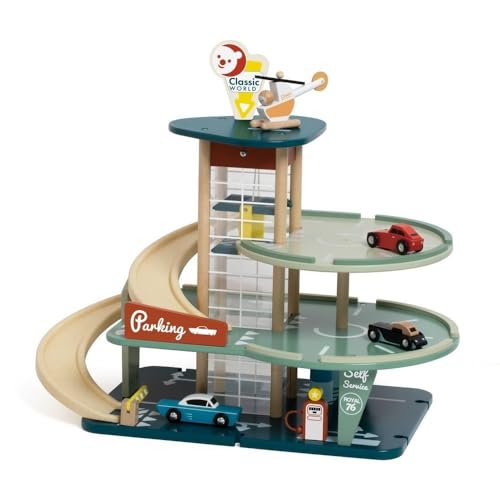 Classic World Parkgarage 3-stöckig aus FSC-Holz & Bio-Kunststoff Retro-Parkhaus mit Aufzug Tankstelle Autos & Hubschrauber Spielgarage ab 3 Jahren
