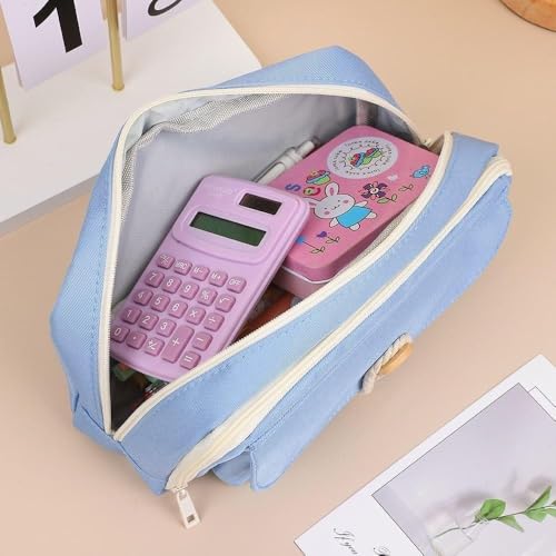 Image of Kawaii Cute Aesthetic Pencil Case for Girls & Boys | 3 Layer 6 Compartment Large Capacity Pencil Pouch with Zipper | Cartoon Stationery Organizer Bag for Students & Kids (Blue)