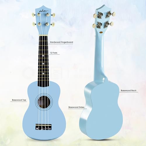 Image of ADM Ukulele for Beginners Hawaiian Wood Ukelele Kit for Kids Adult Student Starter Professional Ukalelee Pack Bundle with Free Lessons Gig Bag Strap Nylon String Tuner (Blue, 21 Inch)