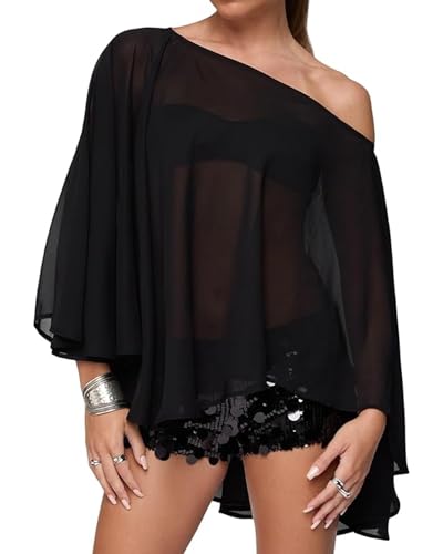 Acrawnni Women Chiffon Poncho Top Y2k Flowy One Shoulder Sheer Shawl Tops Asymmetrical Hem Mesh Cape Cover Ups Wedding Party (A-Black L)