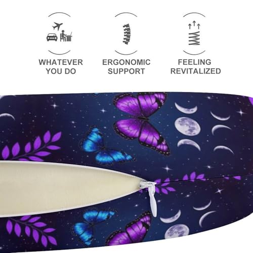 Image of Travel Neck Pillow Memory Foam Chin Cushion Magic Moon Moth Butterfly Mystical Goth Astrology Art, Washable Cover for Men Women Youth Airplane Car Pain Relief