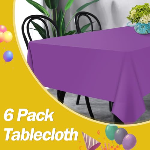 Image of tujol Purple 6 Pack Plastic Table Cloth 54 inch x 108 inch, Disposable Tablecloths Rectangle Table Cover, Plastic Tablecloths for Parties