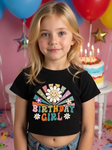 Image of Little Girls Short Sleeve Crop Top Birthday Tshirts Cute Prints for Teen Girls Summer T-Shirt 6-14Years
