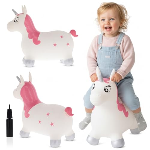 sun baby Hüpftiere ab 1 Jahr mit Pumpe aufblasbares Hüpfspielzeug aus Hochwertigem und Strapazierfähigem Gummi, Verschiedene Designs (Weißes Einhorn)