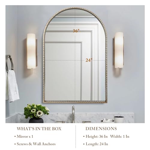 Fobule 24"x36" Antique Silver Arch Mirror - Retro Distressed Geared Metal Frame Farmhouse Wall Mirror for Bathroom, Living Room, Entryway Hall - Thumbnail 2