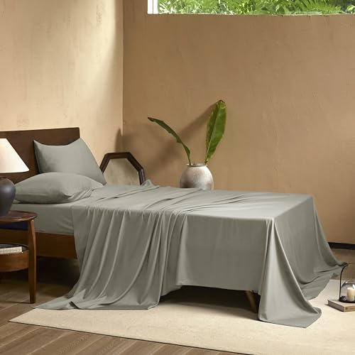 Image of EVERLY Queen Sheets Set Luxuriously 400 Thread Count Organic Rayon Derived from Bamboo Bed Sheet Set,Cooling Sheets for Queen Size 4 Piece Deep Pockets Bedding Sheets &Pillowcases-Light Grey