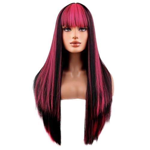 BERON Black Highlightes Pink Wigs Straight Long Wigs with Bangs Women Black Fashion Heat Resistant Synthetic Natural Looking Wig for Cosplay Party or Daily
