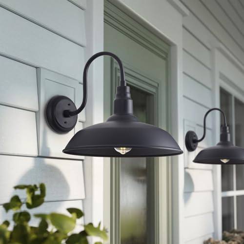 Image of 16 Inch Gooseneck Light Fixture for Barn Door, 2 Pack Large Barn Lights for Front Porch, Black Outdoor Farmhouse Light with Goose Neck Arm, Exterior Wall Dome Lighting for House Garage